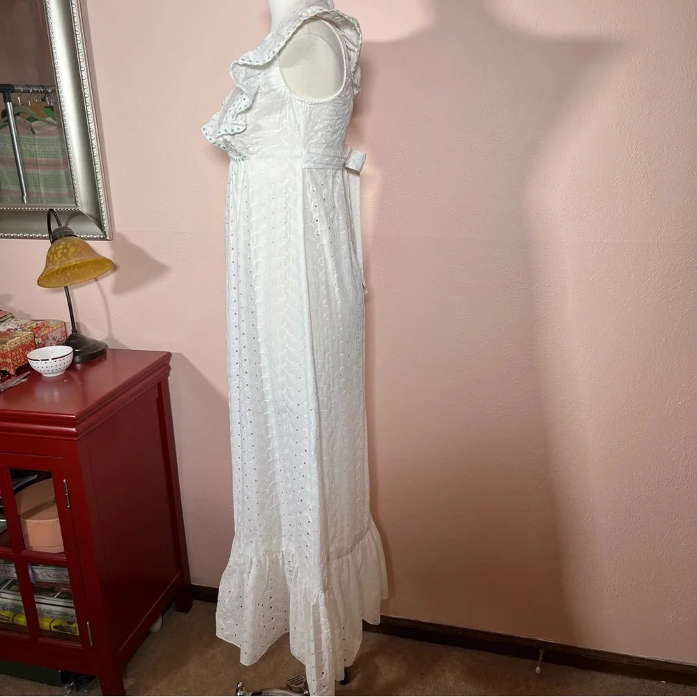 Vintage 60 70 Cottagecore White Eyelet Lace Ruffle Sleeve Praire Maxi Dress - Picture 15 of 17